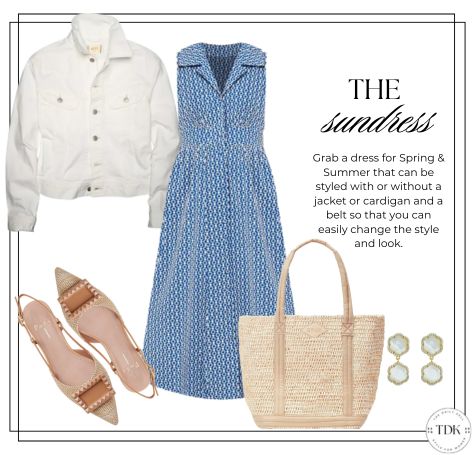 sundress with white denim jacket and sandals with a tote bag