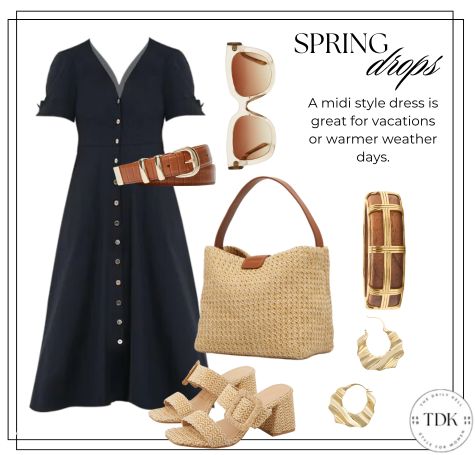 Navy midi dress with butterscotch and tan accessories