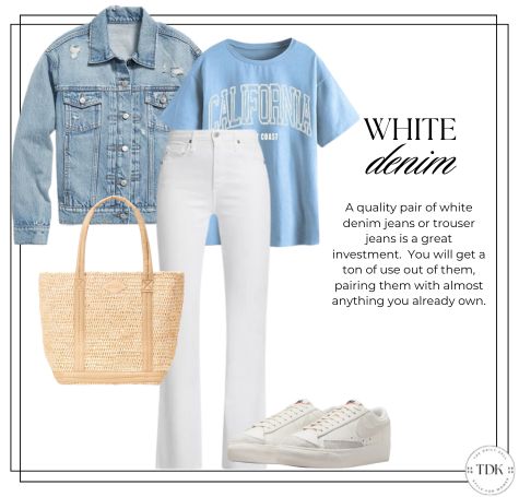 graphic tee with white denim jeans and a denim jacket with nike sneakers for women