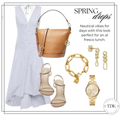 nautical vibe sundress in pale blue and white with neutral accessories