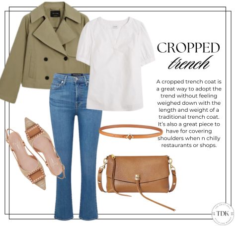 cropped trench paired with denim jeans and a white tee with neutral slingback sandals