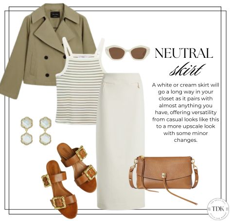 cropped trench with a neutral skirt and tank with brown sandals with gold buckles