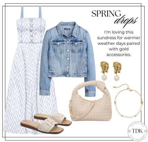 blue and white sundress paired with a denim jacket and sandals