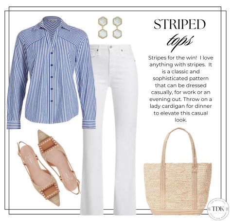 blue and white striped button down blouse with white denim and slingbacks