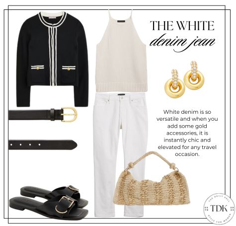 white denim jeans and a black lady jacket with gold button detail