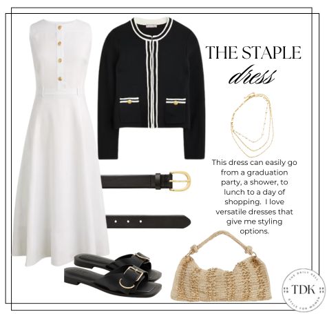 white dress with black lady jacket with gold buttons