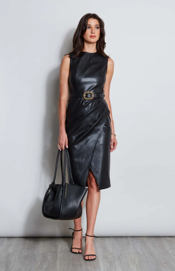 elie tahari VEGAN LEATHER DART WRAP DRESS