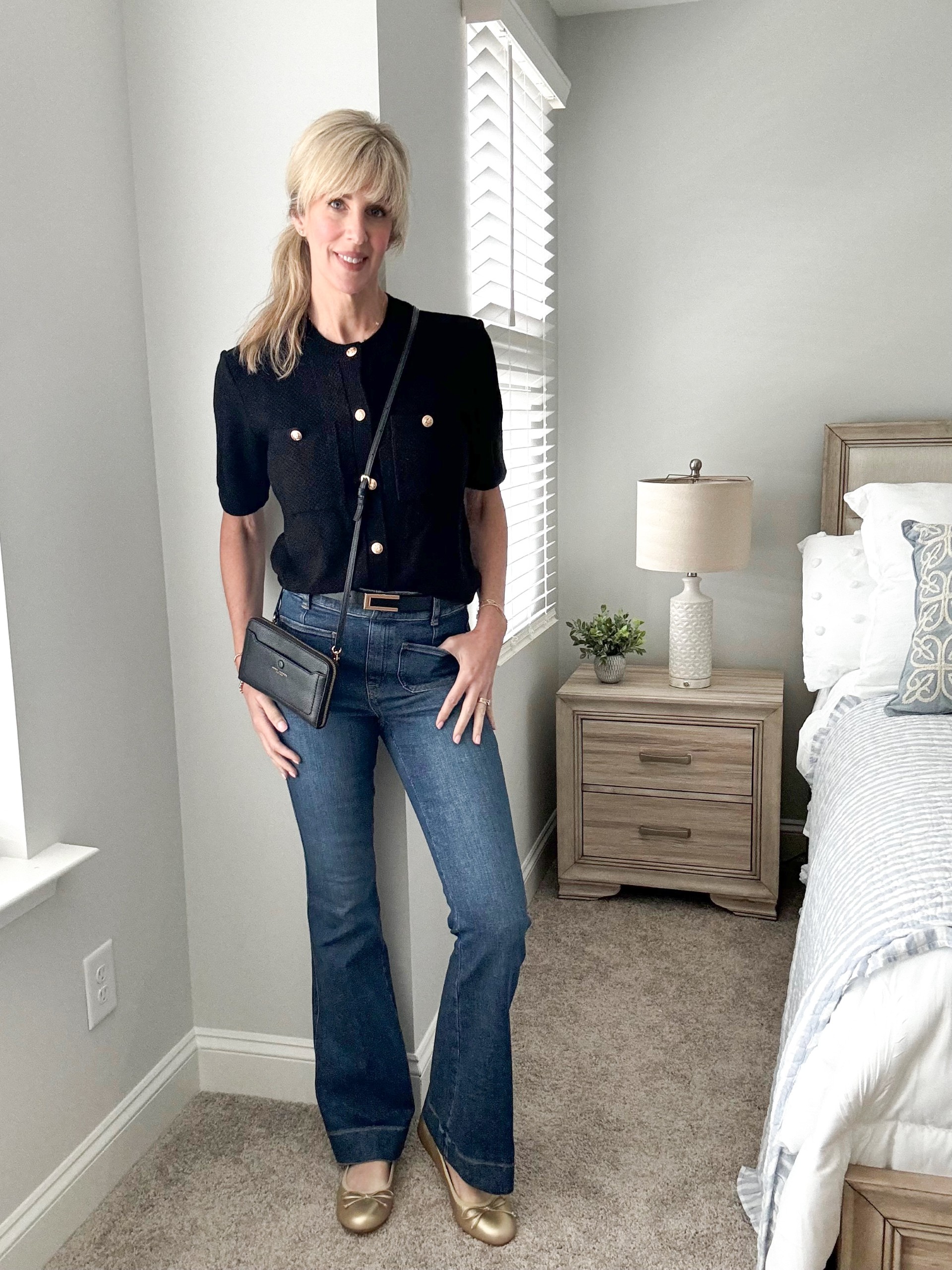 spanx patch pocket flare denim with lady cardigan