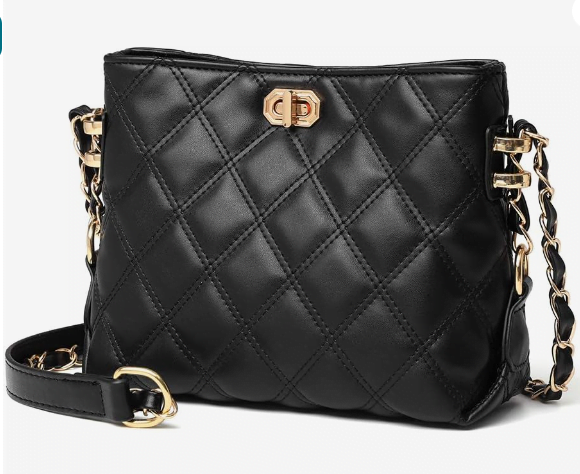 A black quilted crossbody bag with gold hardware and a gold chain strap.