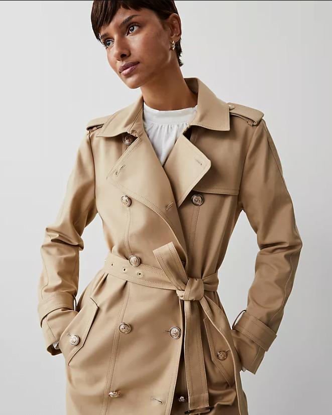 what to wear | long camel trench coat with gold buttons