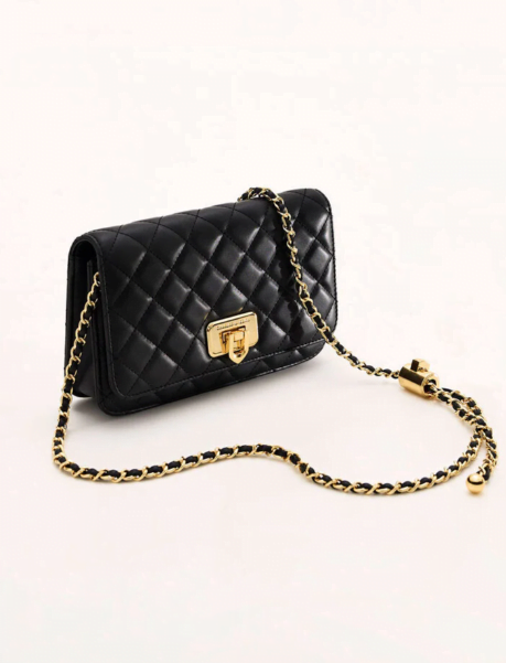 A black quilted crossbody bag with gold hardware and a gold chain strap, designer look for less