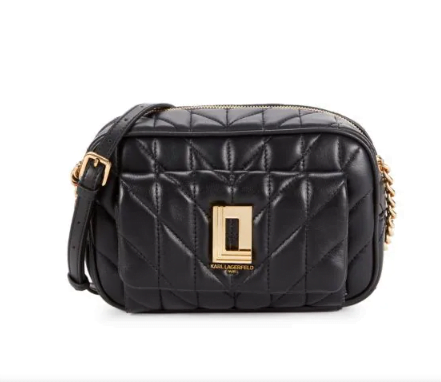 A black quilted crossbody bag with gold hardware and a gold chain strap. The bag features a gold "K" logo.