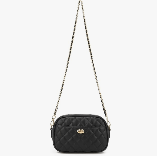 A black quilted crossbody bag with a gold chain strap.