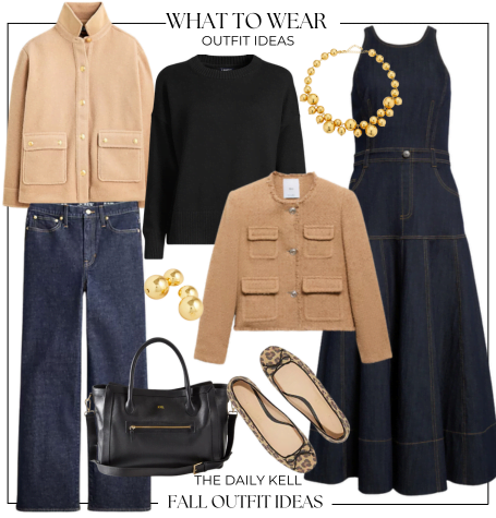 Weekly Styled Look, This stylish fall outfit featuring a camel-colored jacket, black turtleneck, blue jeans, a black bag, gold earrings, a gold necklace, a denim dress, and leopard print flats. Styled by The Daily Kell