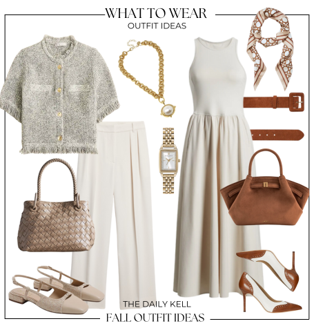 weekly styled look, Fall outfit ideas featuring neutral tones. Includes a sleeveless cream midi dress, beige tweed short-sleeve jacket, wide-leg trousers, and a selection of accessories: a tan structured handbag, woven beige tote, gold chain necklace, brown belt, silk scarf, and two pairs of heels—one pair of brown stilettos and one pair of beige slingback flats. Styled by The Daily Kell