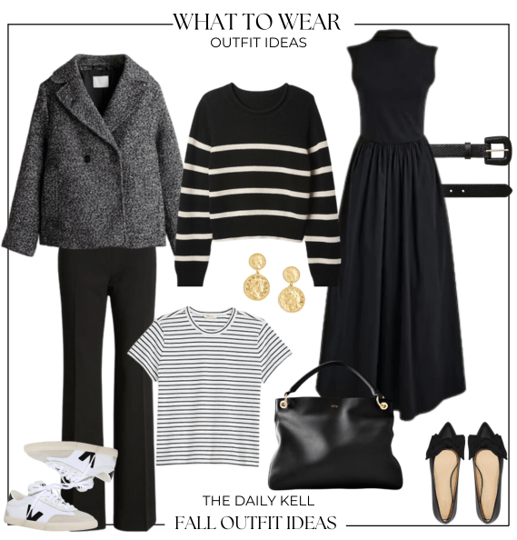 A stylish fall outfit featuring a gray double-breasted coat, a striped sweater, black pants, white sneakers, a black dress, a black belt, gold hoop earrings, a black tote bag, and black flats, weekly styled look