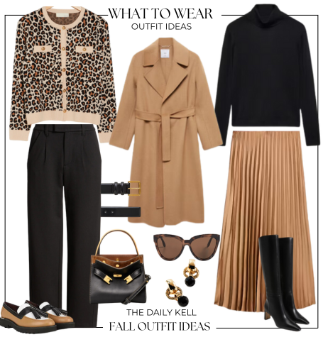 A weekly styled look featuring two fall outfits. Outfit 1: A leopard print cardigan, black pants, a camel coat, black loafers, a black belt, and a black bag. Outfit 2: A black turtleneck, a camel skirt, a camel coat, black boots, sunglasses, and earrings.