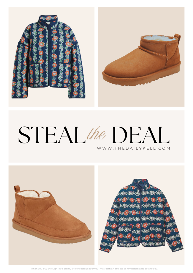 Steal the Deal: UGG Australia fall fashion. Features a floral jacket and brown suede boots.