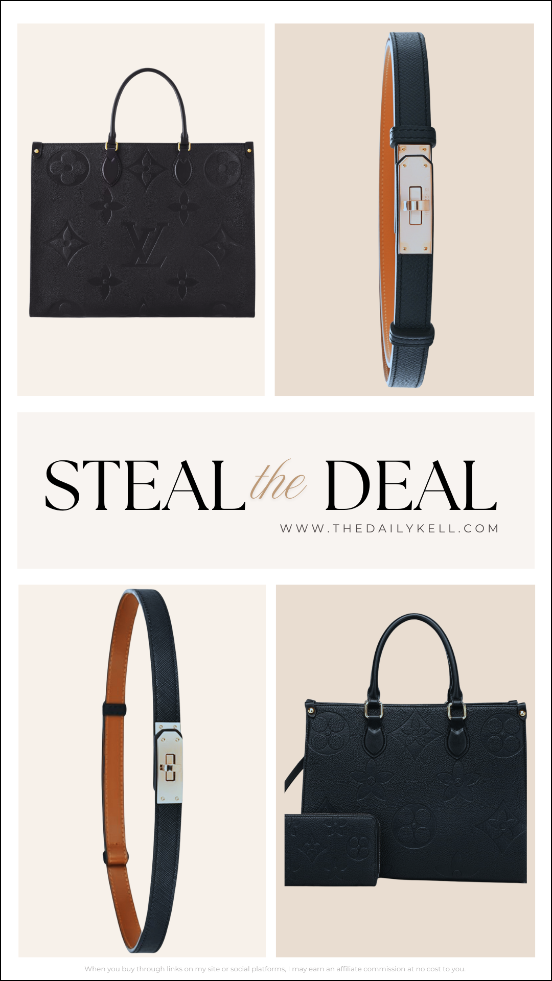 Steal the Deal: Louis Vuitton On The Go MM and Hérmes Epsom Kelly belt in black. The image shows a black monogram bag, a black and brown belt.