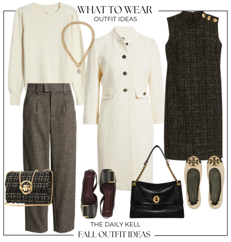 weekly styled look Chic and sophisticated autumn outfit for women over 40. Includes classic pieces like a sleeveless sweater, wide-leg pants, a tweed jacket, and a tweed dress.