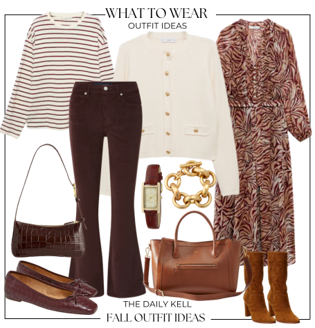 weekly styled look A fashion collage featuring a striped sweater, a white cardigan, brown corduroy pants, a leopard print dress, a brown bag, a gold chain, and brown boots.