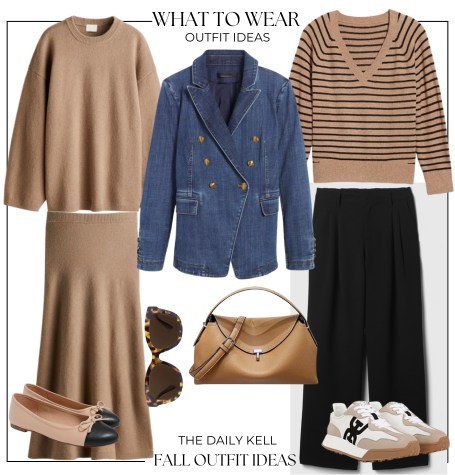 The weekly styled look highlights Fall Fashion Inspiration: A collage showcasing three outfit ideas featuring a denim jacket, a camel-colored sweater, black pants, a midi skirt, ballet flats, sneakers, a handbag, and sunglasses.