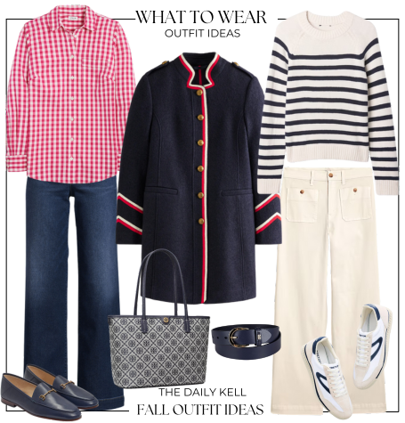 weekly styled look featuring Fall fashion outfit featuring a gingham shirt, wide-leg jeans, a striped sweater, a navy peacoat, loafers, sneakers, a tote bag, and a belt.