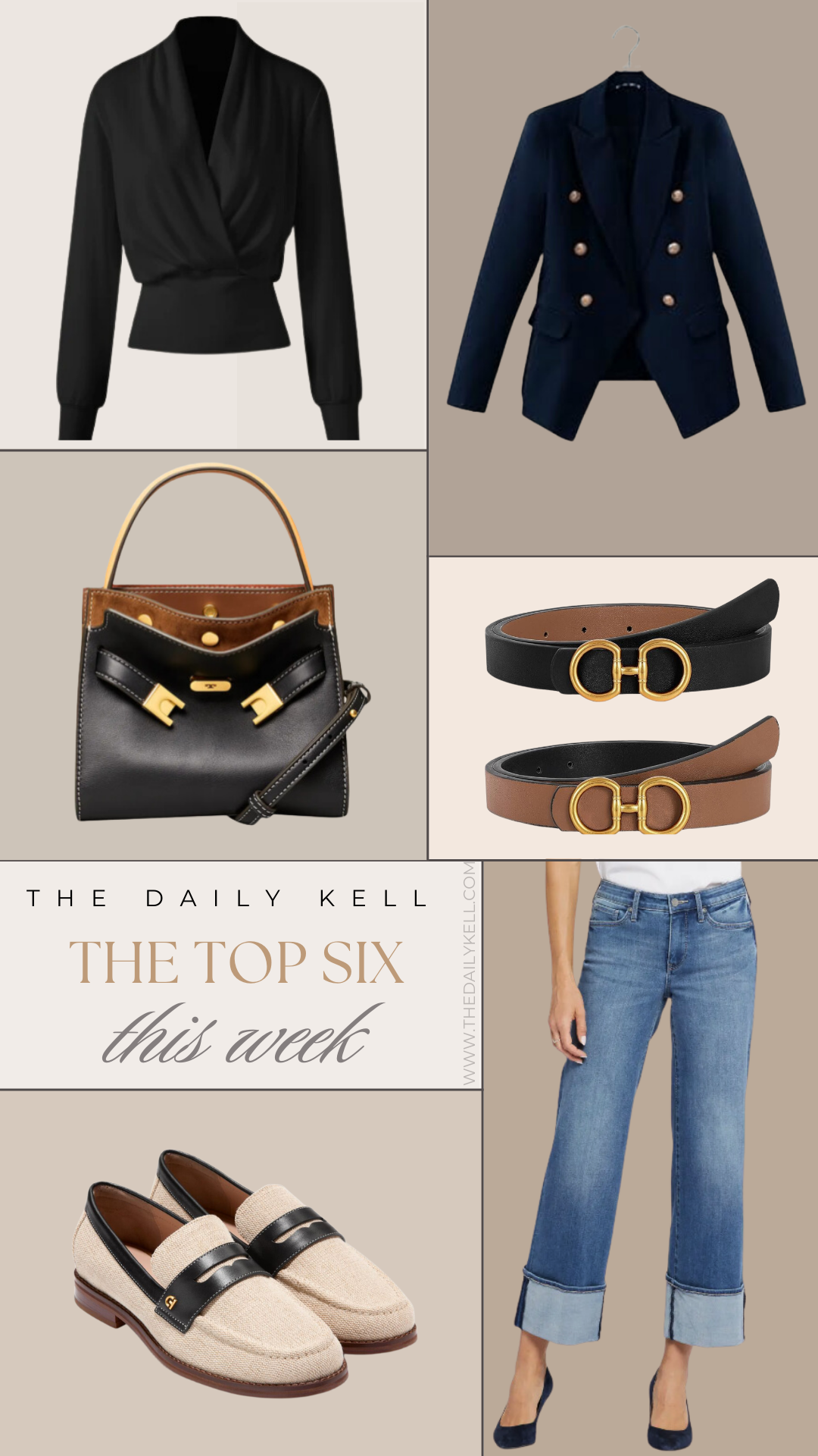 weekly best sellers - A fashion collage featuring a camel-colored jacket, a black tote bag, gold coin earrings, a black dress, and leopard print and black bow flats.