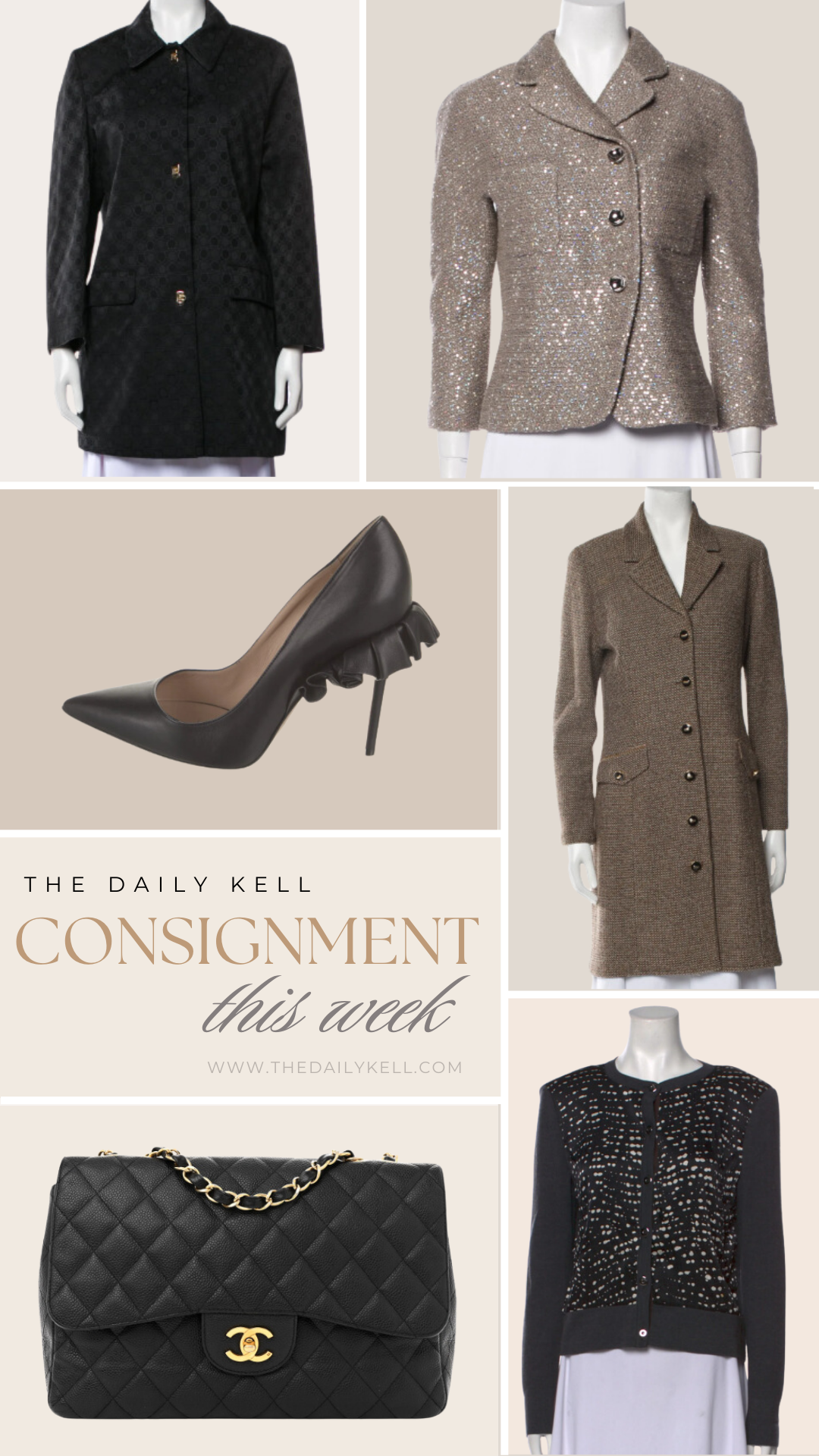 weekly consignment finds A collage featuring a black quilted coat, a tweed jacket, a pair of black ruffle-trimmed pumps, a brown wool coat, a black quilted Chanel bag, and a black and white pattern jacket.