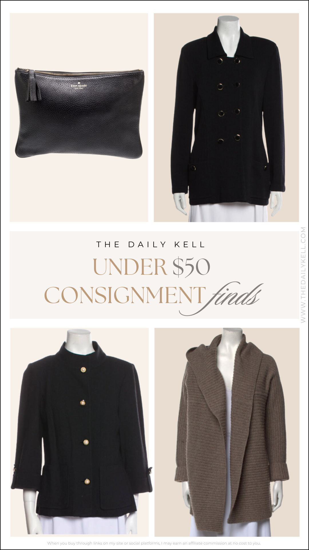 under $50 weekly consignment finds featuring four designer consignment finds under $50: a black leather clutch, a black wool coat, a black wool jacket with gold buttons, and a brown knit cardigan.